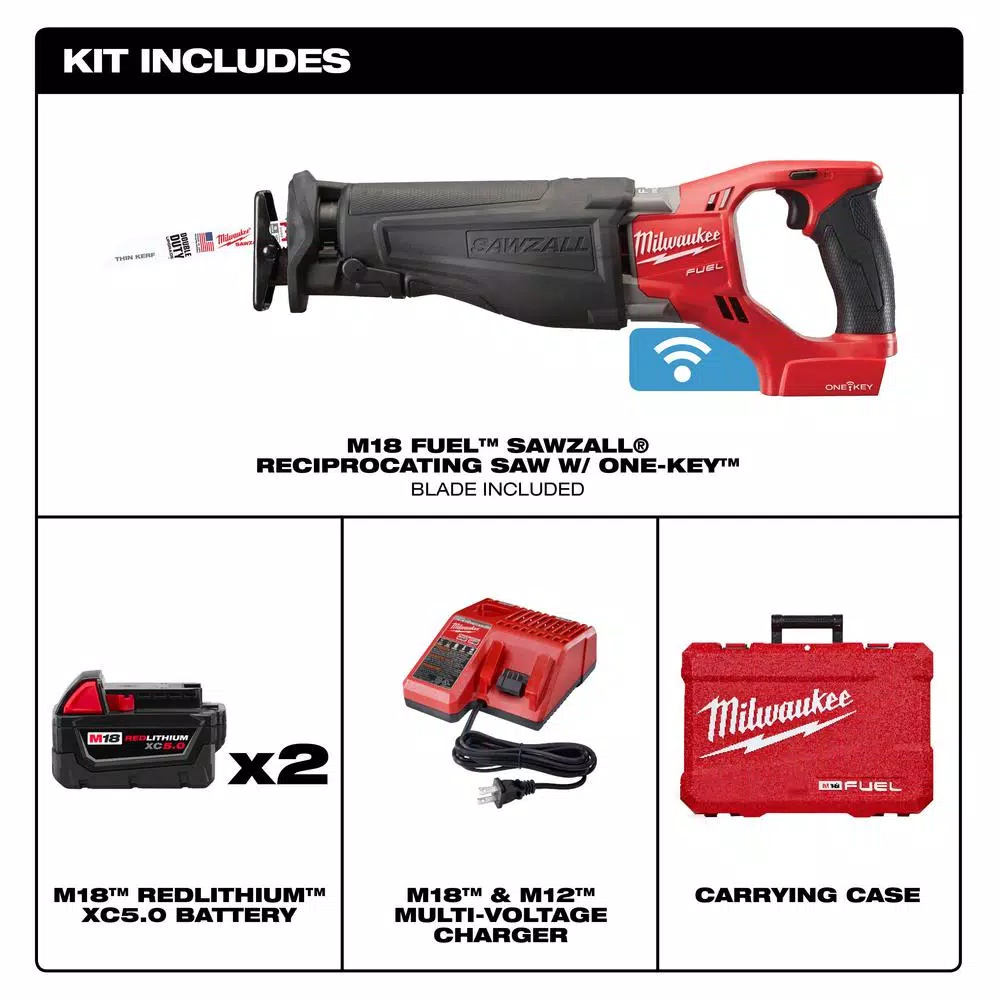 Milwaukee M18 FUEL ONE-KEY Reciprocating Saw Kit with Two 5.0 Ah Batteries and Charger