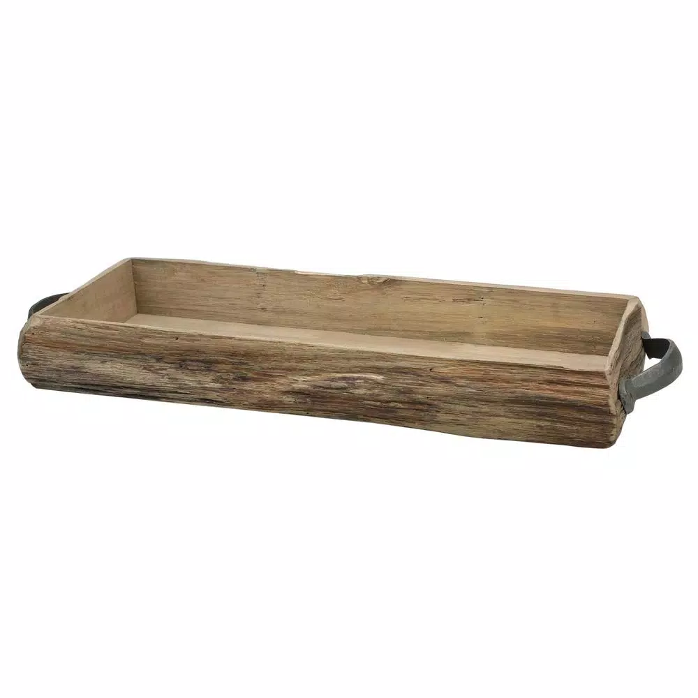 Stonebriar Collection Stonebriar Brown Wooden Bark Decorative Tray with Metal Handles