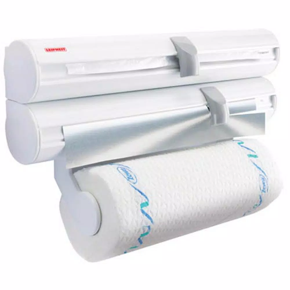 HOUSEHOLD ESSENTIALS Leifheit Wall Mount White Paper Towel Holder and Dual Foil/Plastic Wrap Dispenser