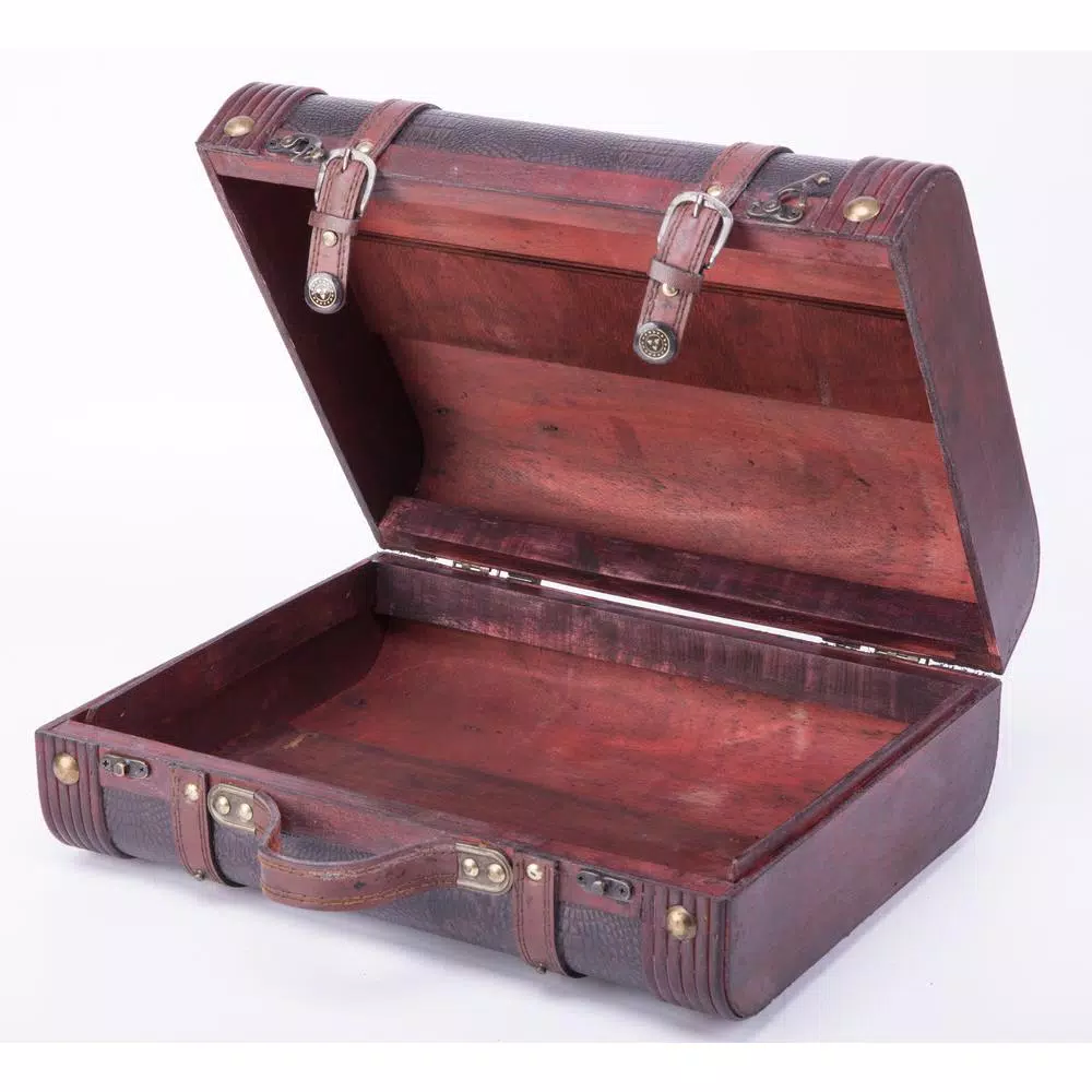 Vintiquewise Rustic Decorative Wooden Leather Suitcase Steamer Trunk - Brown