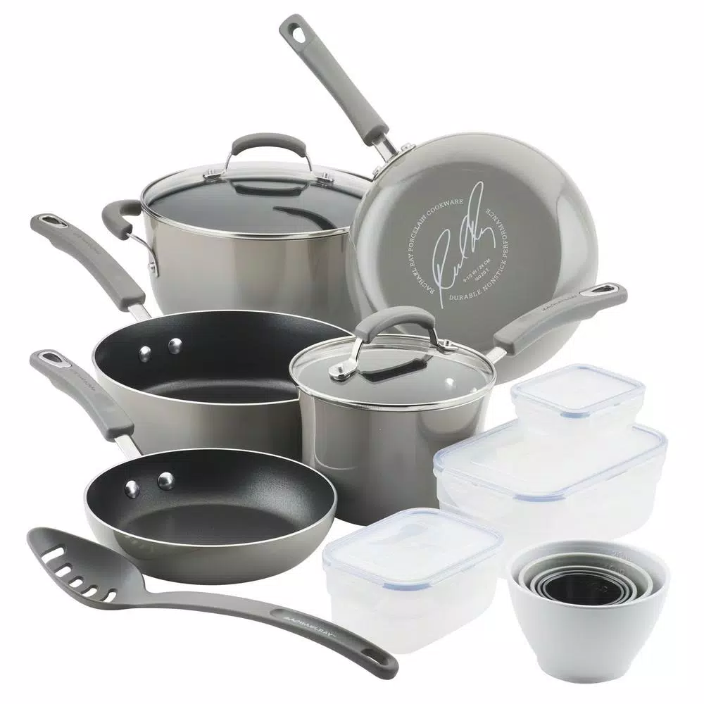 Rachael Ray Classic Brights 19-Piece Sea Salt Gray Nonstick Cookware Set with LocknLock Containers