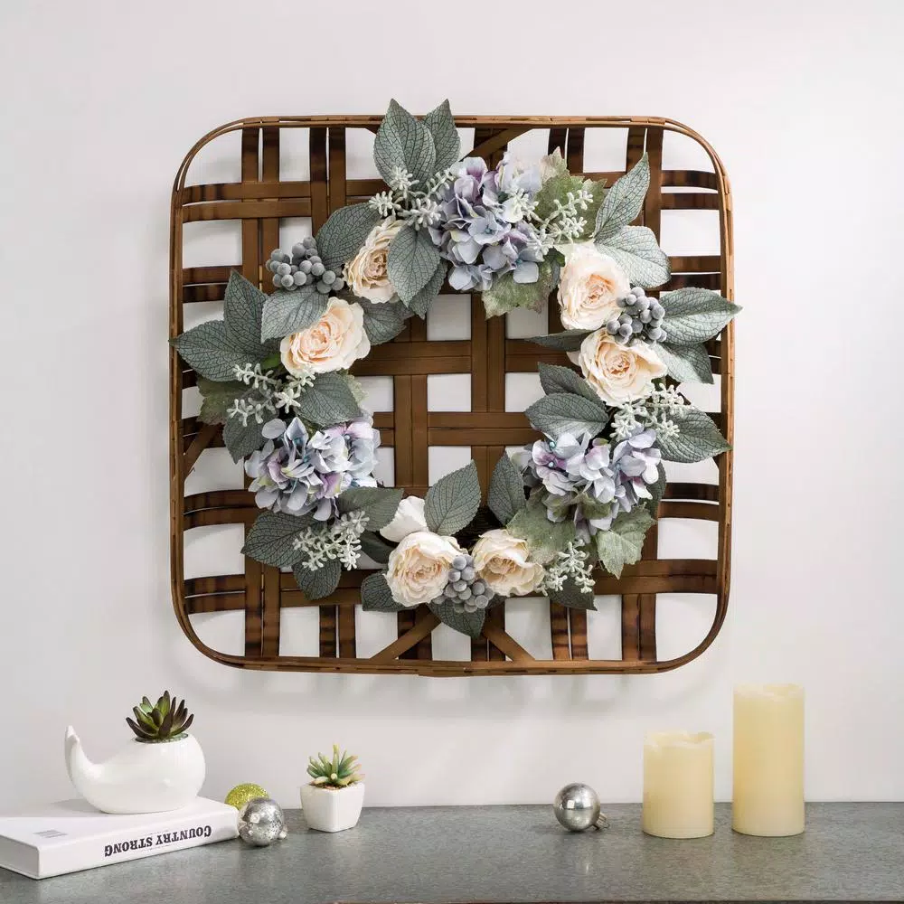 Glitzhome 22 in. Hydrangea Rose Wreath with 24 in. Bamboo Tobacco Basket Set