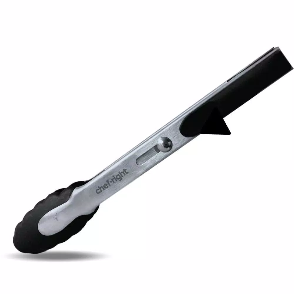 Chefright 9 in. Brushed Stainless Steel Magnetic Locking Tongs with Soft Rubber Grips (Set of 3)