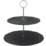 Creative Home 2-Tier Natural Black Slate Cake Stand with Zinc Alloy Handles - 12 inch Round Dessert Serving Tray thumbnail 1