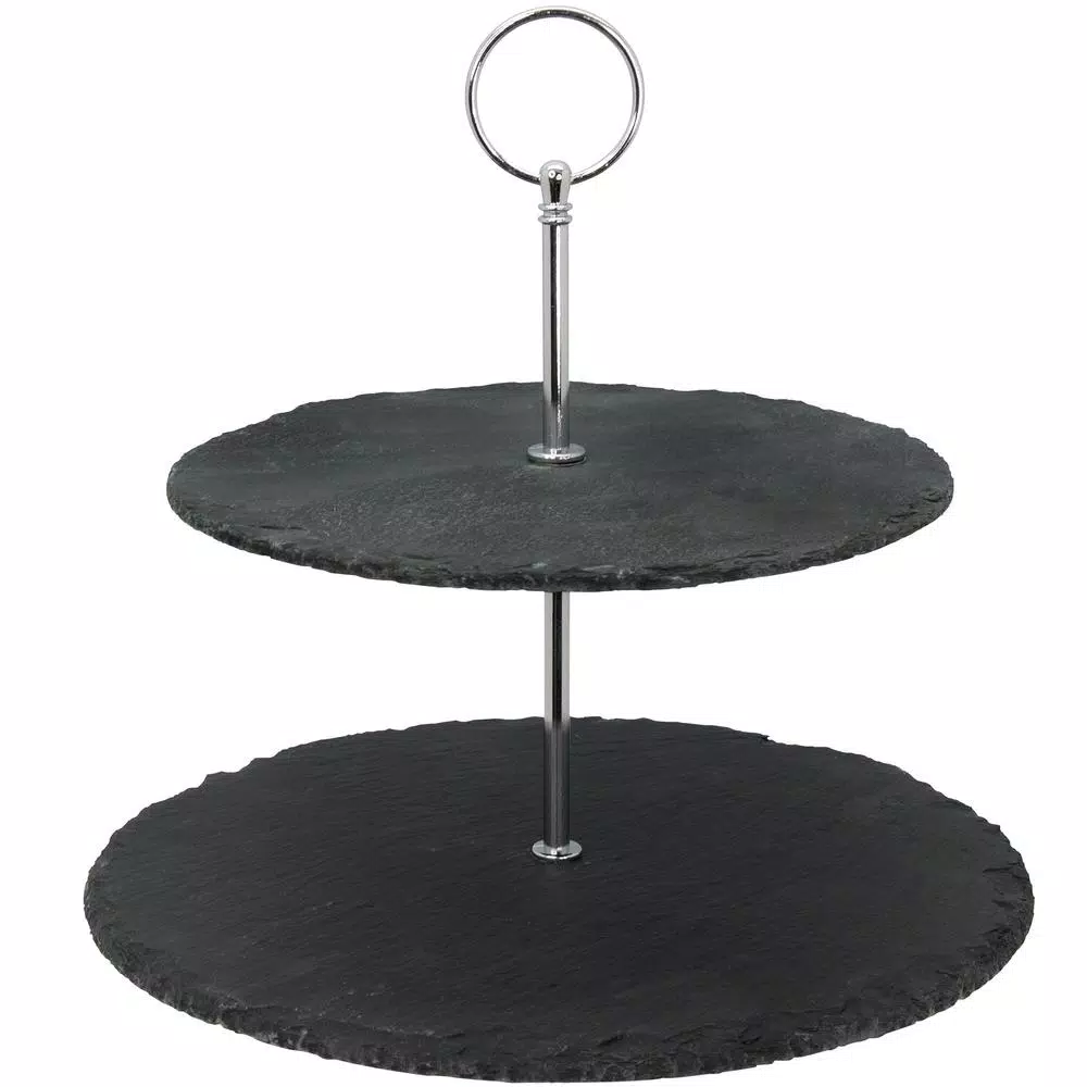 Creative Home 2-Tier Natural Black Slate Cake Stand with Zinc Alloy Handles - 12 inch Round Dessert Serving Tray