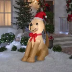 Home Accents Holiday 6 ft. Airblown Inflatables Golden Retriever Christmas Decoration with Santa Hat and Red Bow thumbnail 2