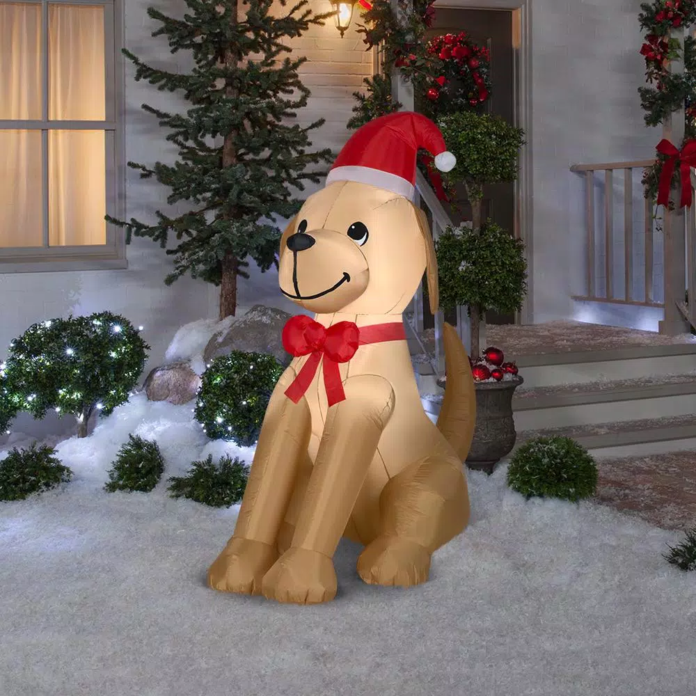 Home Accents Holiday 6 ft. Airblown Inflatables Golden Retriever Christmas Decoration with Santa Hat and Red Bow