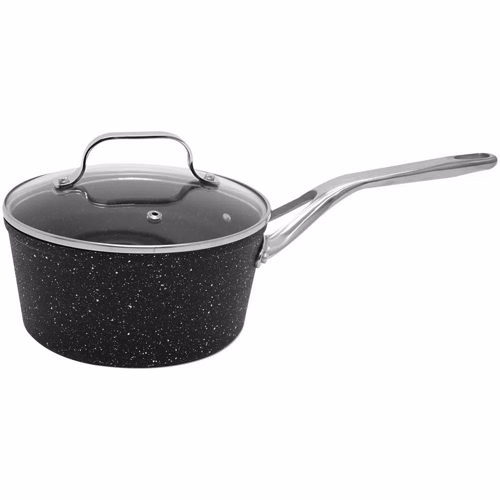 Starfrit The Rock 3 Qt. Aluminum Nonstick Sauce Pot with Glass Lid, Black Speckle