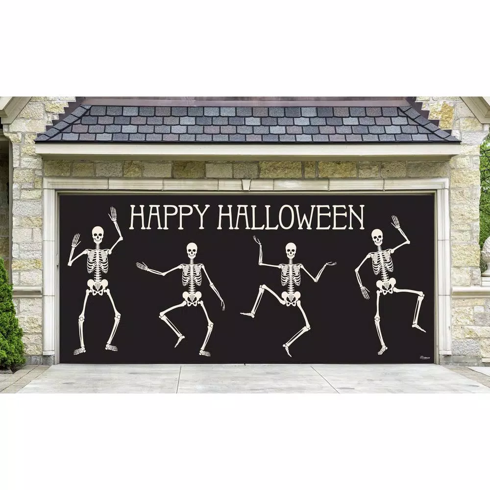 My Door Decor 7 ft. x 16 ft. Happy Halloween Skeletons Garage Door Banner Mural