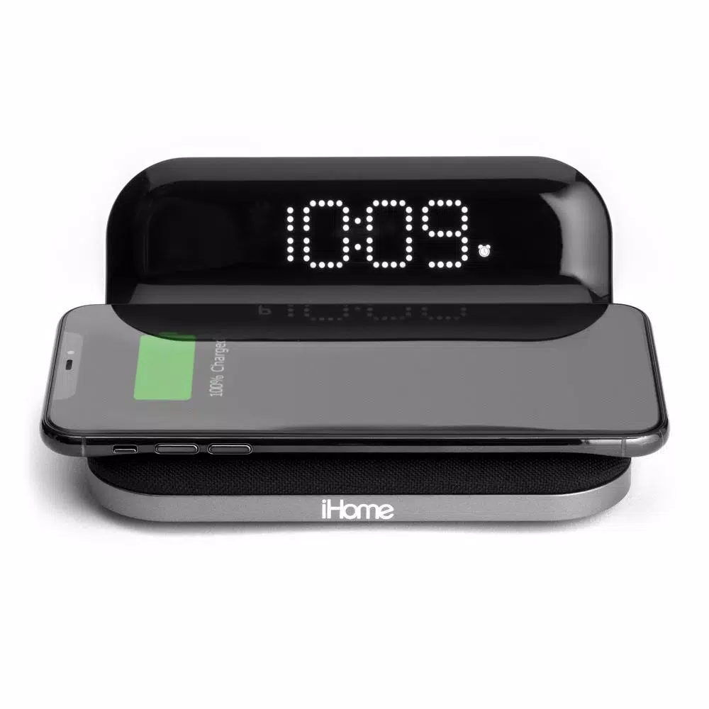 iHome Sleek Digital Alarm Clock with Qi Wireless Charging and USB Port, Designer Fabric Finish