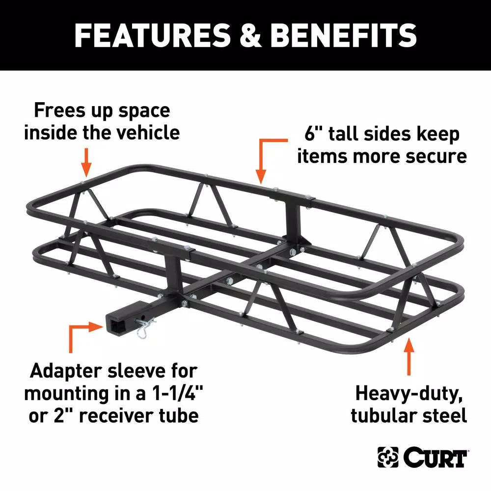 CURT 48 in. x 20 in. Steel Basket Style Hitch Cargo Carrier, 500 lb. Capacity, 2 in. Receiver with Adapter
