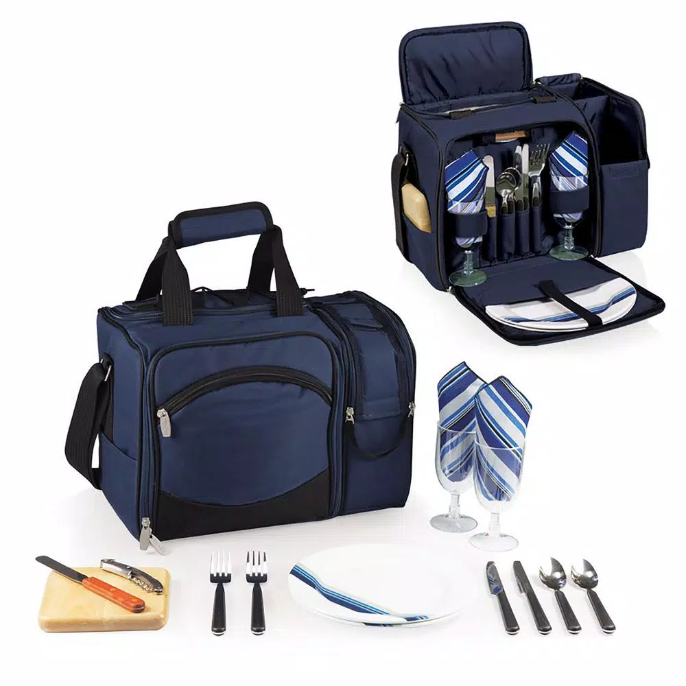 Picnic Time Malibu Navy Wood Picnic Cooler Tote - Insulated Soft-Side Cooler with Deluxe Picnic Service for Two