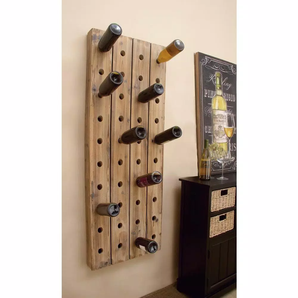LITTON LANE Reclaimed Fir Wood Pegboard Wine Rack - 40 Bottle Capacity - Exposed Mahogany Finish