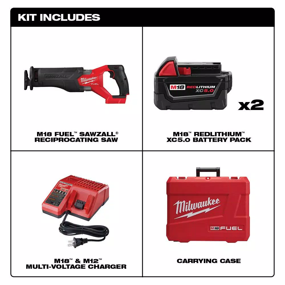 Milwaukee M18 FUEL 18V Brushless Reciprocating Saw Kit w/ Two 5.0 Ah Batteries, Charger & Hard Case