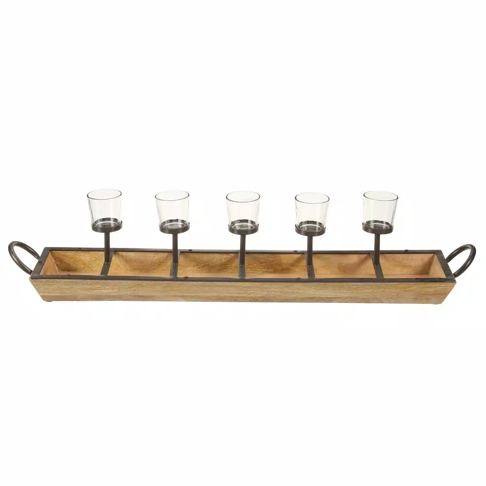 IMAX Shay 30.5 in. Mango Wood Candle Holder Tray with Iron Accents and Glass Cups
