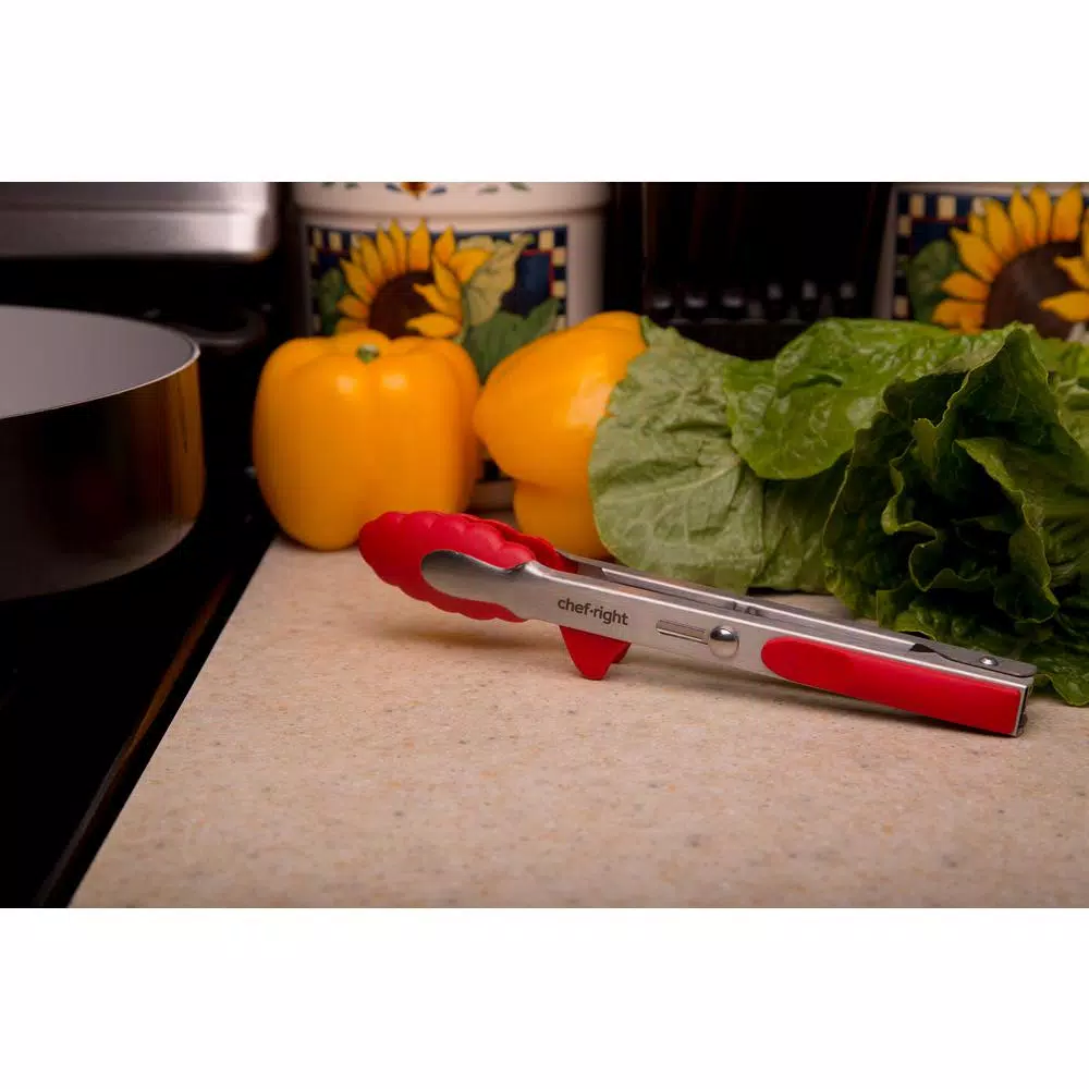 Chefright 12 in. Brushed Stainless Steel Magnetic Locking Tongs with Soft Rubber Grips (Set of 2)
