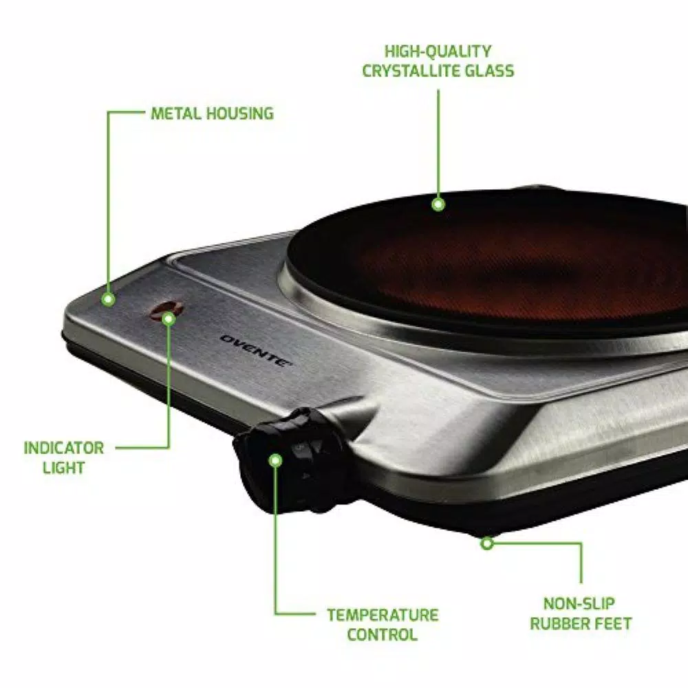 Ovente 1000W Electric Infrared Single Burner Cooktop, Silver Ceramic Glass Hot Plate