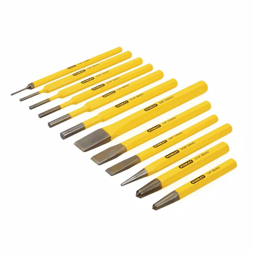 Stanley 12-Piece Punch and Chisel Set, Forged One-Piece Construction, Yellow