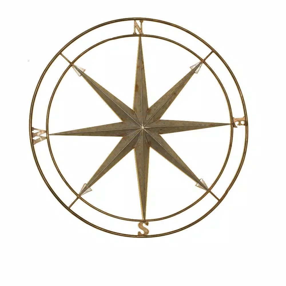 Unbranded Compass Metal Wall Art - Gunmetal Silver and Distressed Copper Decor