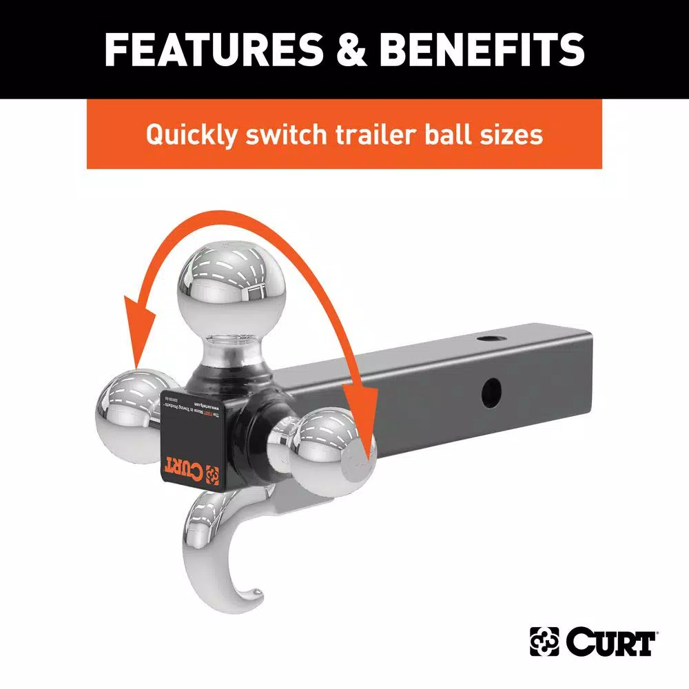 CURT Multi-Ball Mount with Tow Hook, 2" Solid Shank, 1-7/8", 2" & 2-5/16" Chrome Balls