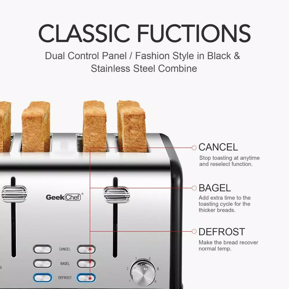 Boyel Living 1650W 4-Slice Wide Slot Toaster with Dual Independent Control Panels, Stainless Steel