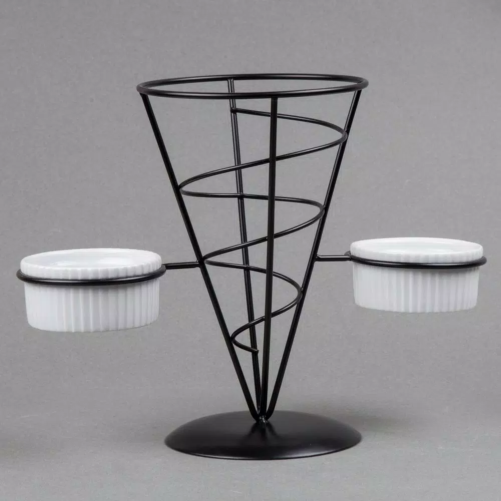 Creative Home Black Iron Wire French Fry Holder Set with 2 Ceramic Ramekins for Dipping Sauce
