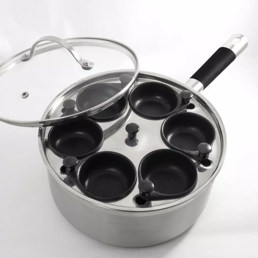 ExcelSteel Professional 6-Cup Stainless Steel Egg Poacher Set with Non-Stick Cups and Silicone Spatula