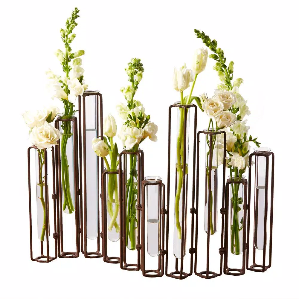 Two's Company Lavoisier 13 in. Dark Brown Hinged Flower Vase Set of 10 with Antiqued Rusted Finish