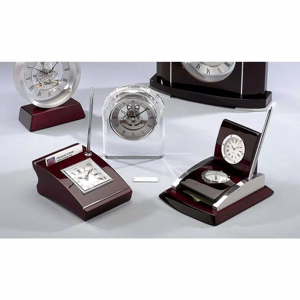 Heim Concept Silver Wood Clock with Cardholder and Pen - Executive Desk Accessory