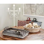 LITTON LANE Set of 3 Rectangular Farmhouse Decorative Trays with Bird Figurines, Brown Metal and Whitewashed Wood thumbnail 1