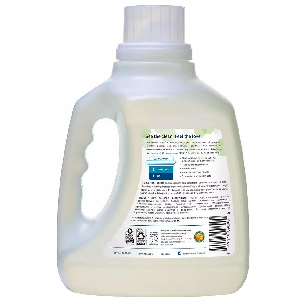 ECOS 2X Ultra Concentrated Liquid Laundry Detergent, Lemongrass Scent, 100 oz.
