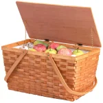Vintiquewise Large Handwoven Woodchip Picnic Basket with Wooden Lid and White Lining thumbnail 1