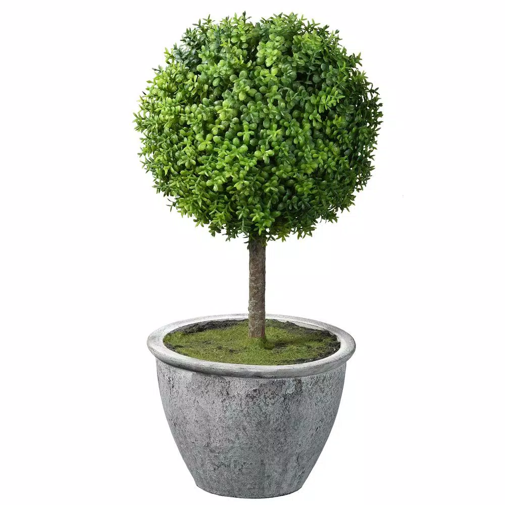 National Tree Company 14 in. Artificial Ball Topiary Evergreen in Gray Ceramic Pot