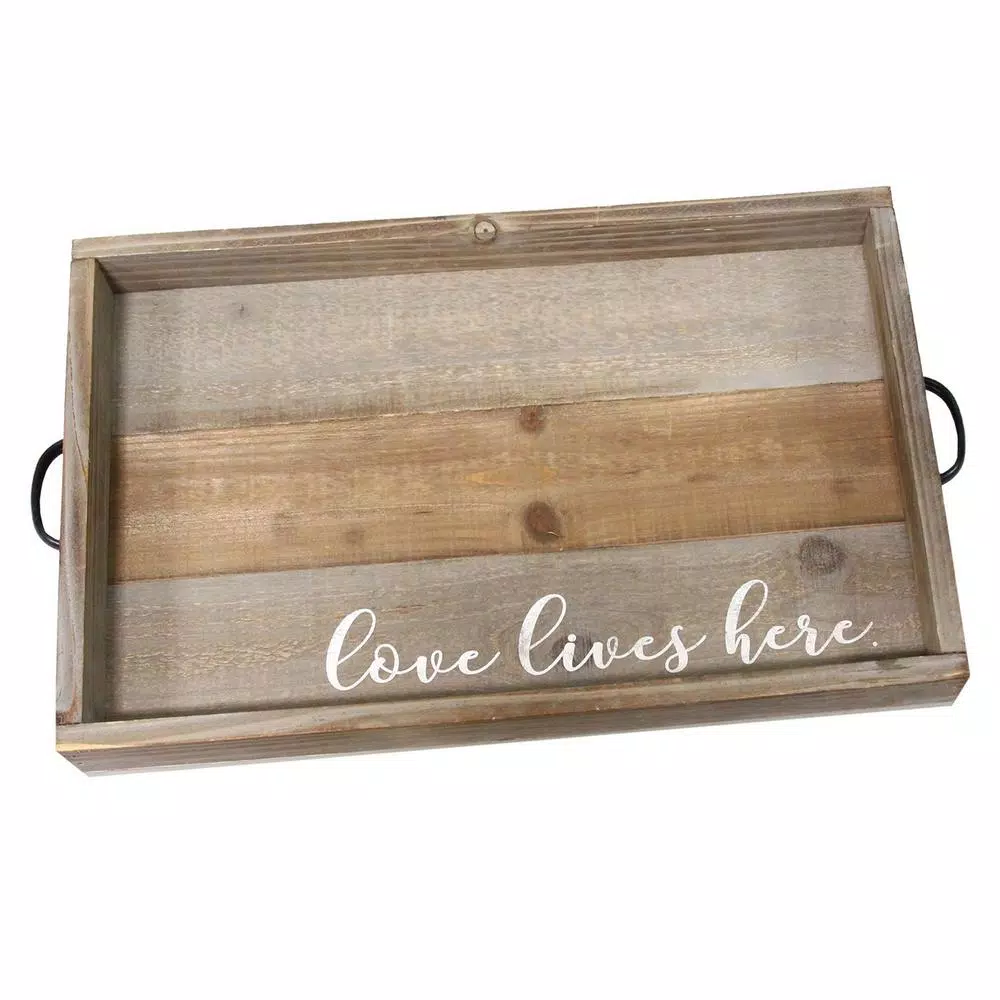 Stratton Home Decor "Love Lives Here" Distressed Wood Decorative Tray