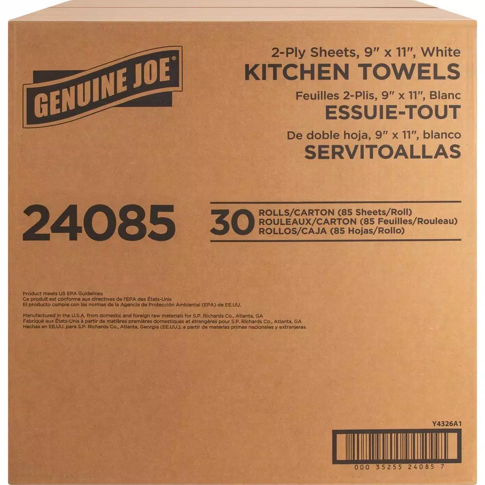 Genuine Joe White Perforated Roll Towels, 2-Ply, 30 Rolls per Carton (85 Sheets per Roll)