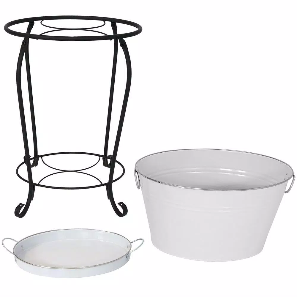 Sunnydaze Decor Sunnydaze 7.5 Gallon White Galvanized Steel Ice Bucket Beverage Holder with Stand and Tray