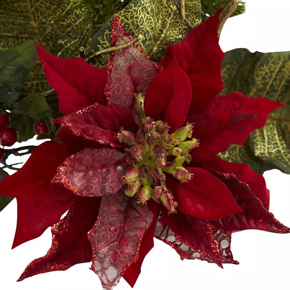 Nearly Natural Poinsettia and Pine Candelabrum Centerpiece - 25 in. Artificial Holiday Arrangement