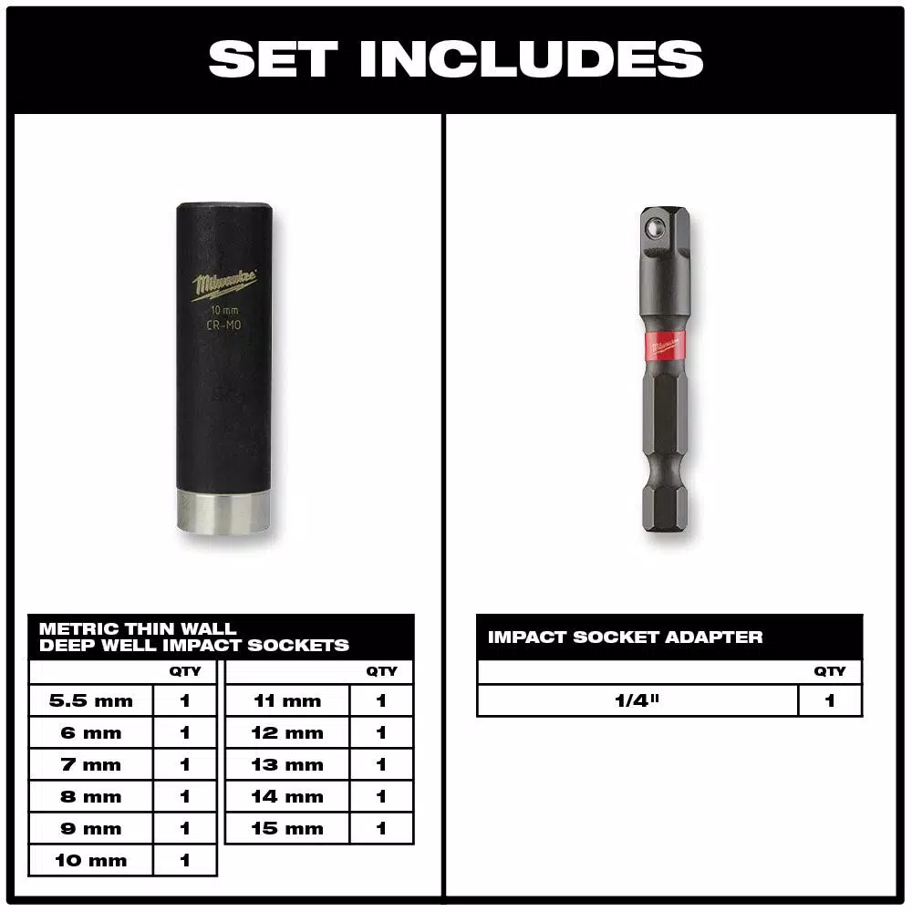 Milwaukee SHOCKWAVE 1/4 in. Drive Metric Impact Duty Deep Well Socket Set, 12-Piece