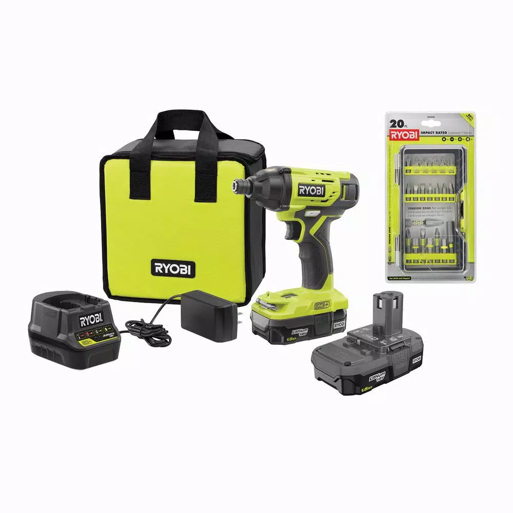 RYOBI 18V ONE+ Cordless 1/4 in. Impact Driver Kit with (2) 1.5 Ah Batteries, Charger, Bag, and 20-Piece Bit Set