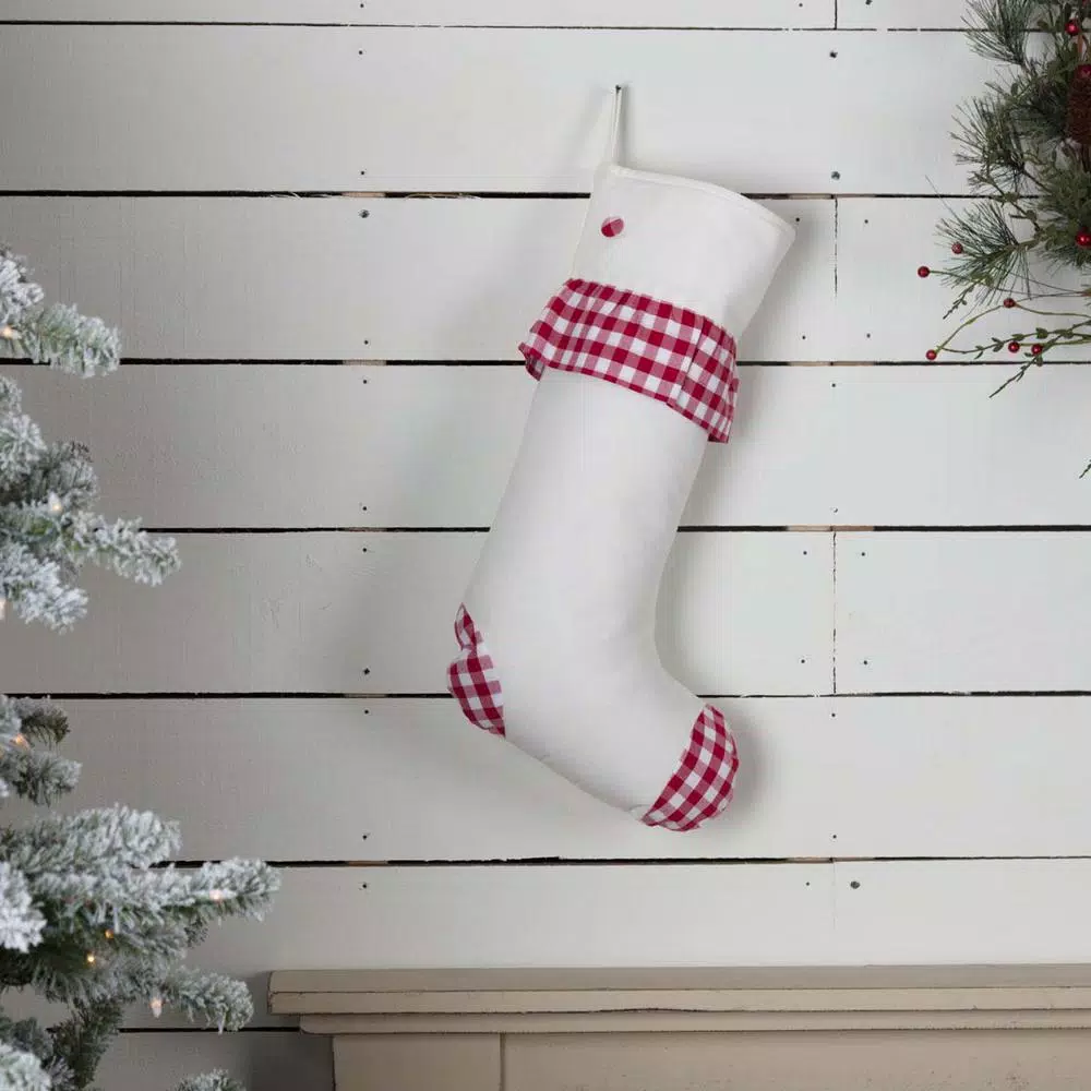 VHC Brands Emmie 20 in. Red Check Ruffle Farmhouse Christmas Stocking