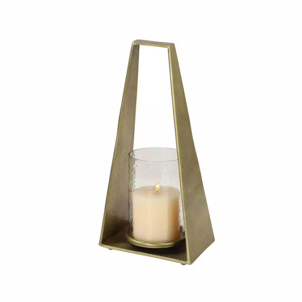 LITTON LANE Large Modern Gold Metal Triangular Candle Holder with Textured Hurricane Glass