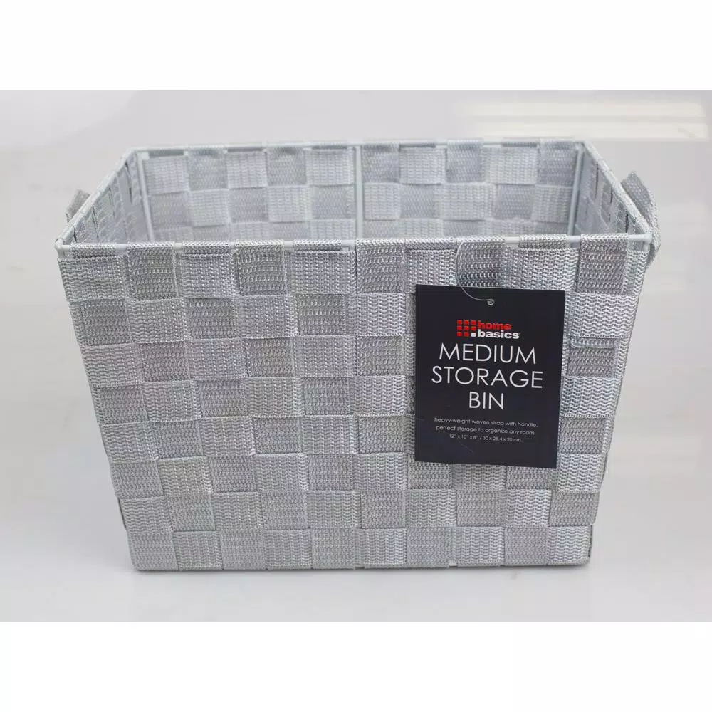 Home Basics Cool Grey Decorative Woven Fabric Storage Basket with Handles, 12 x 10 x 8 in.