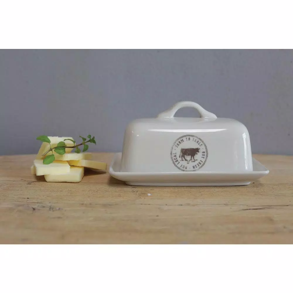 3R Studios White Stoneware Butter Dish Set of 2 - Farm to Table Country Style