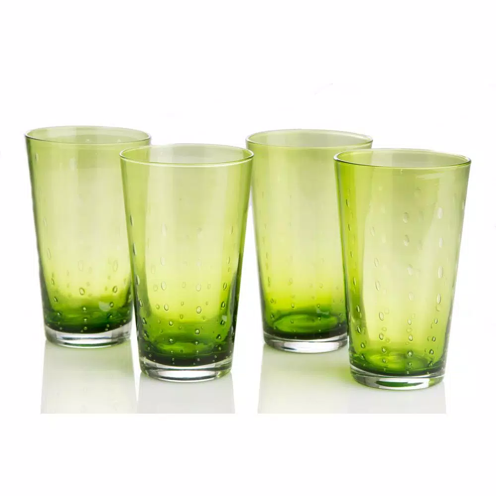 Abigails Rain Drop Green Highball Glass Set of 4 - Hand-Blown Bubble Glassware
