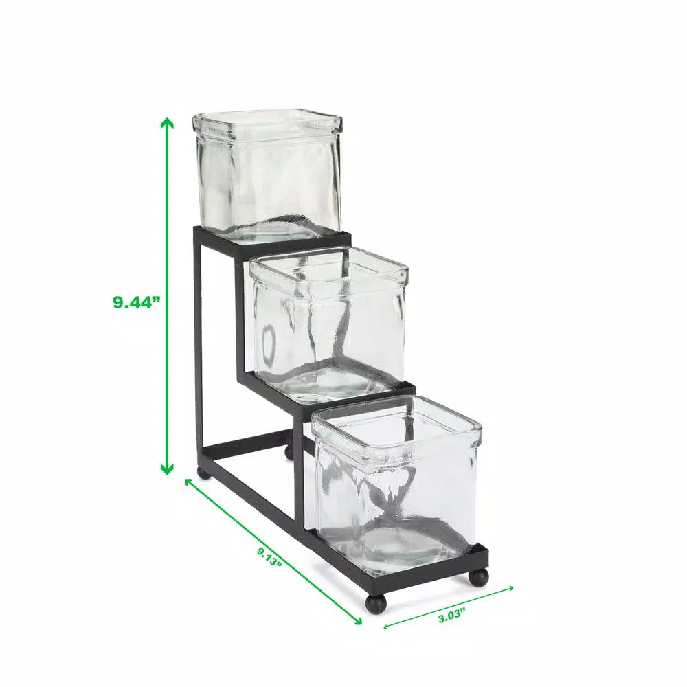 Mind Reader 3-Tier Black Metal Condiment Server with 3 Removable 8 oz. Glass Jars