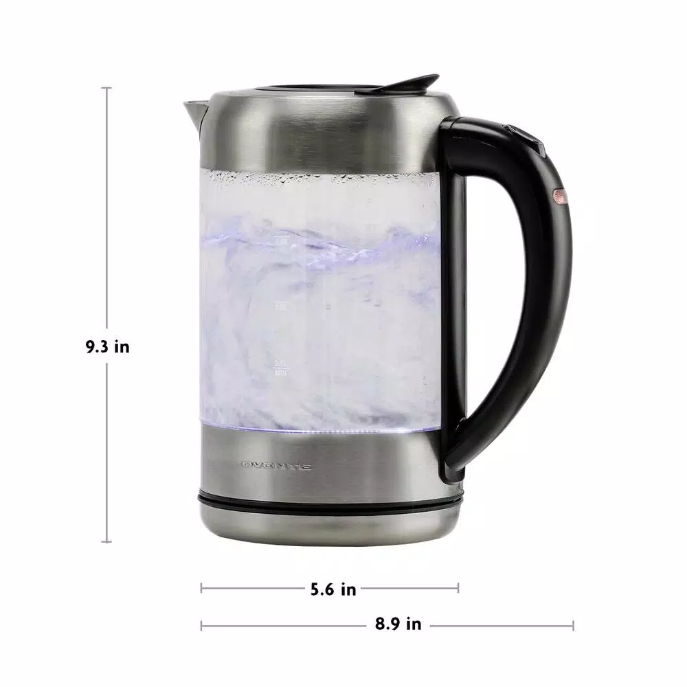 Ovente KG612S 1.7L Glass Electric Kettle, 1500W Silver Stainless Steel with Blue LED Light