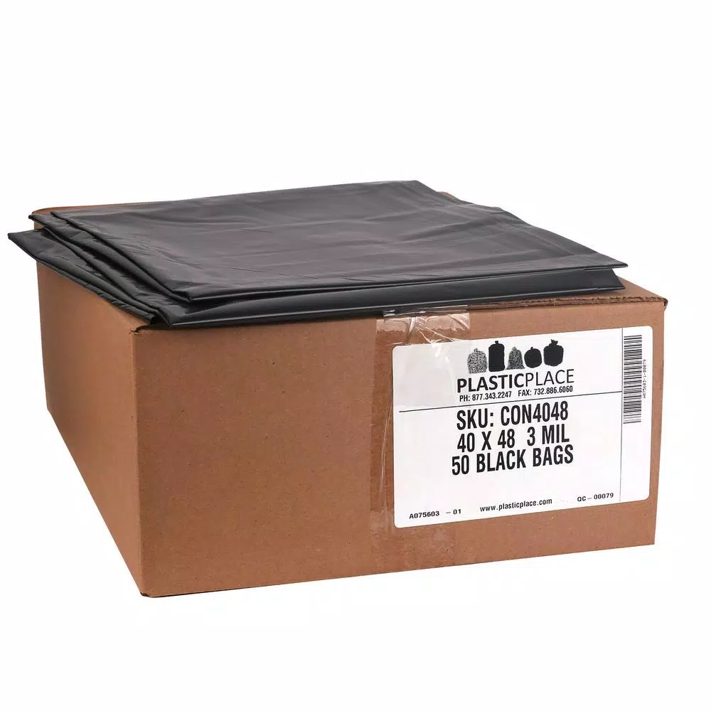 Plasticplace 40-45 Gallon Black Contractor Trash Bags, 3.0 Mil Heavy Duty, 40 in. x 48 in. (50-Case)