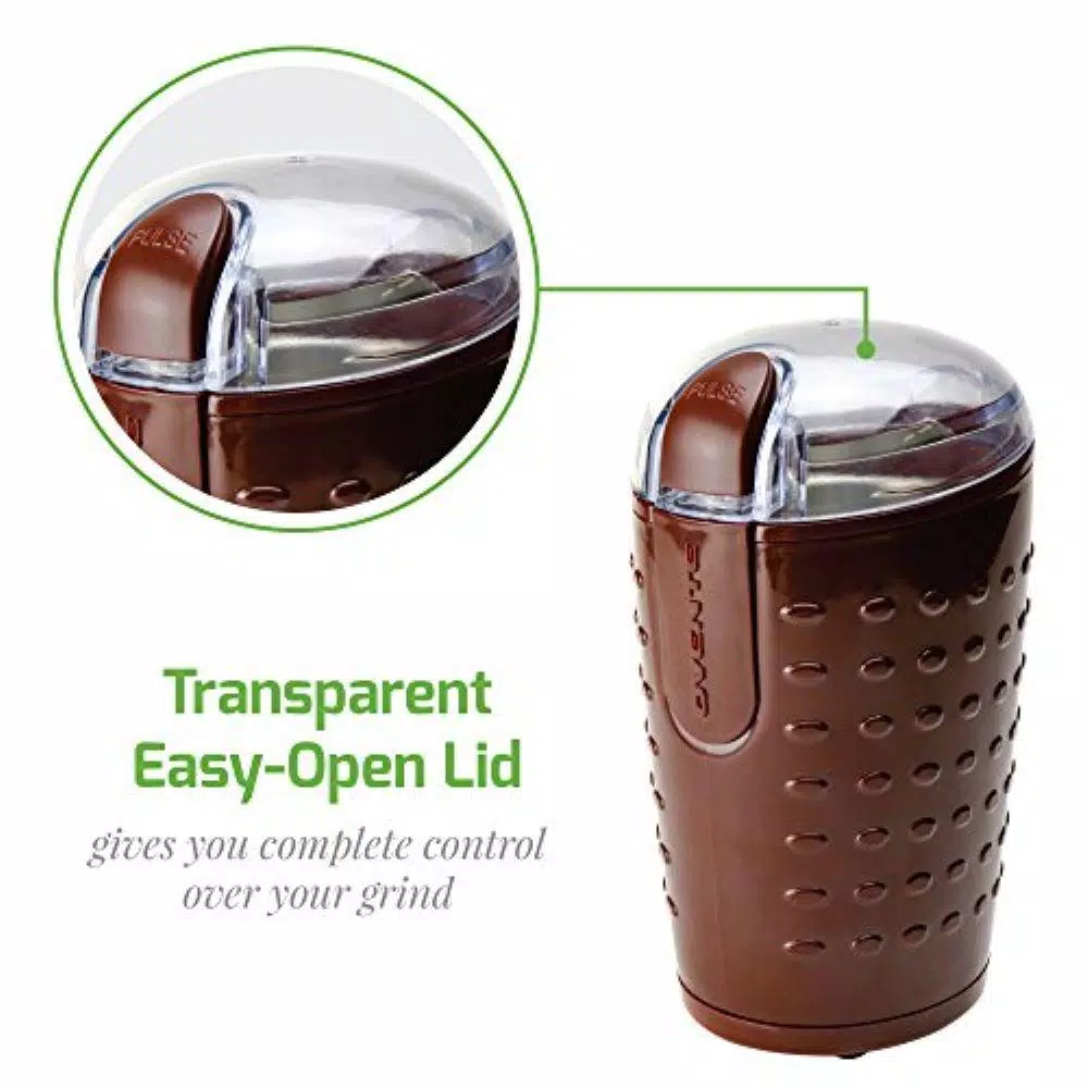 Ovente 2.5 oz. Electric Coffee Grinder with Stainless Steel Blades and Transparent Lid, Brown