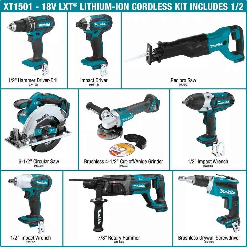 Makita 18V LXT Lithium-Ion Cordless 15-Piece Combo Kit with (4) 3.0 Ah Batteries, Chargers, and Bags