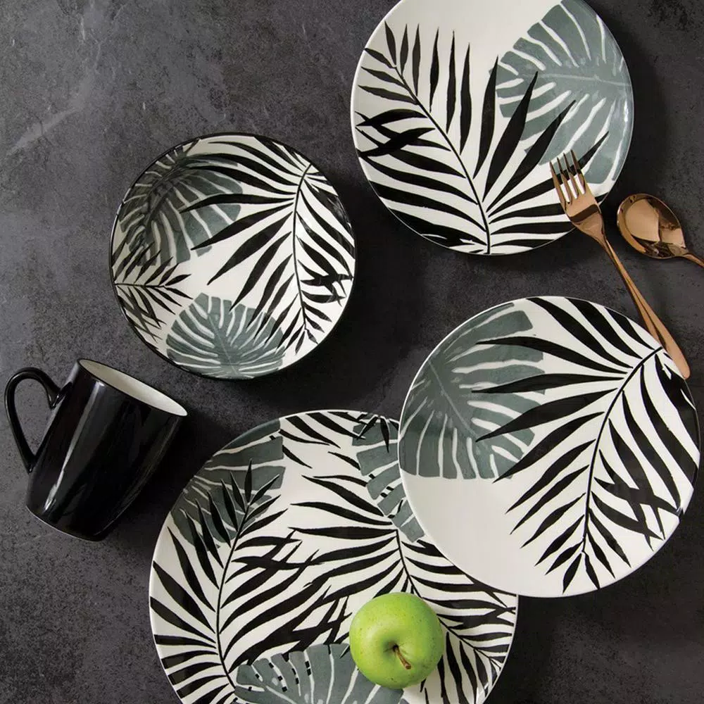 Thomson Pottery Palm Leaf 16-Piece Black Ceramic Stoneware Dinnerware Set, Service for 4
